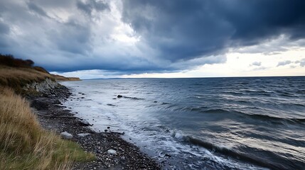 Fototapeta premium Dramatic Seaside Landscape with Rough Waves Under Moody Dark Cloudy Sky : Generative AI