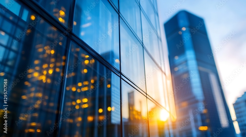 Poster futuristic urban cityscape with reflective glass buildings illuminated by setting sun in evening : g