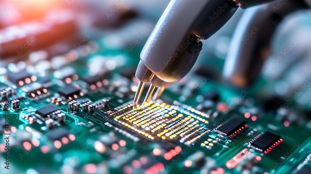 Leinwandbilder close up of robotic arm assembling electronic components on circuit board : generative ai
