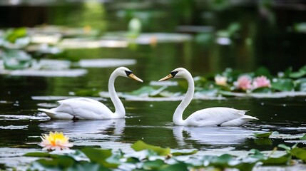 Obraz premium Elegant Pair of Swans Gracefully Gliding on Calm Water Surface : Generative AI