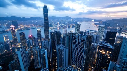 Obraz premium Panoramic View of a Bustling City Skyline with Skyscrapers and Calm Water at Dusk : Generative AI