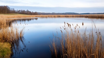 Fototapeta premium Calm Water Surface Surrounded by Reeds Under a Cloudy Sky in Scenic Nature Landscape : Generative AI