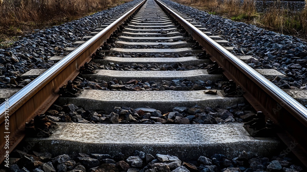 Poster glancing down the long stretch of railroad tracks surrounded by nature : generative ai