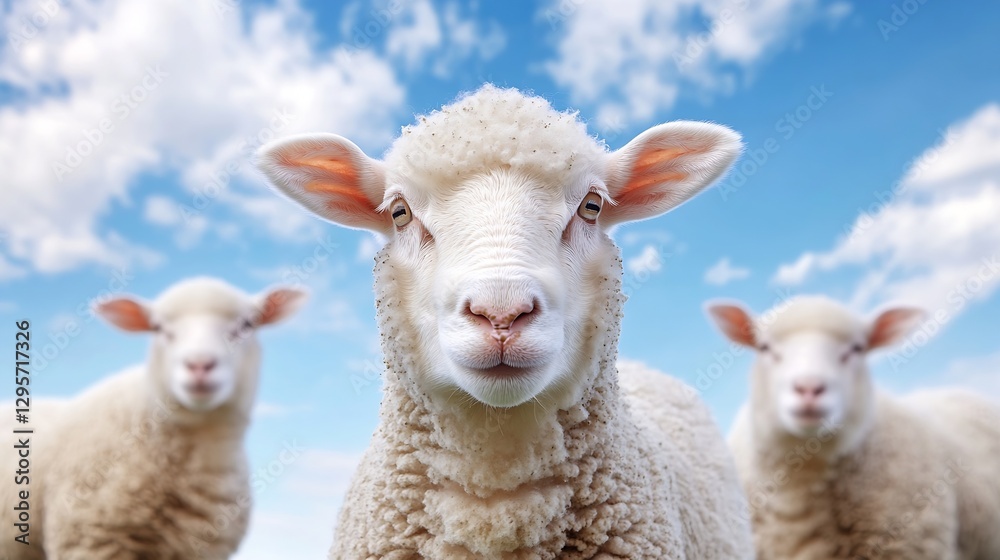 Poster Curious sheep standing in a pasture with a blue sky in the background : Generative AI