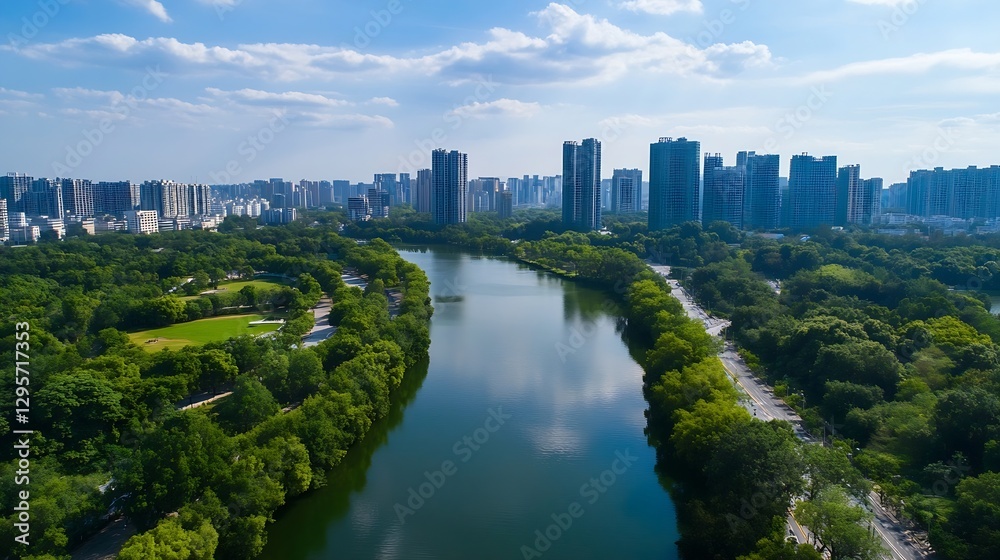 Poster aerial view of a green river flowing through a city with buildings on the horizon : generative ai