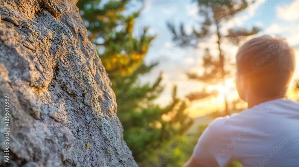 Poster A tranquil scene capturing a man reflecting on nature during sunset surrounded by trees : Generative AI