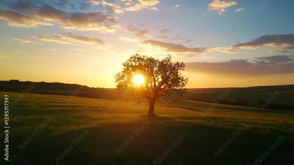 Poster majestic tree framed by sunlight at golden hour in open field : generative ai