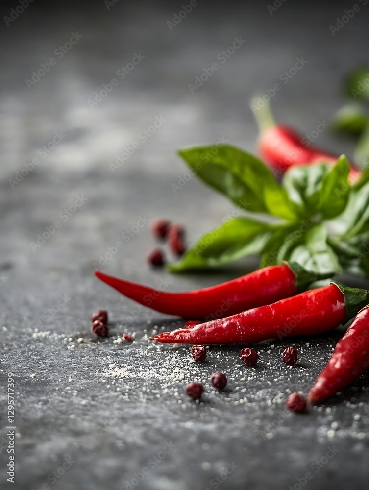 Poster Vibrant red chili peppers and fresh basil arranged on a textured surface creating a spicy culinary scene : Generative AI