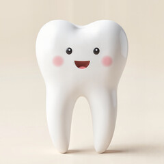 Single white tooth with a playful cartoon smile, front view, high detail, and glossy texture, concept of clean teeth