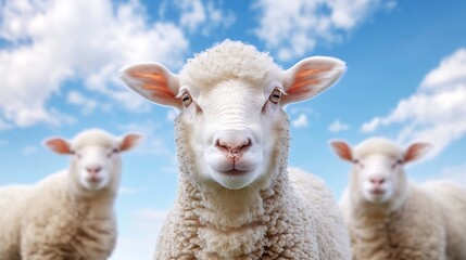 Obraz premium Curious sheep standing in a pasture with a blue sky in the background : Generative AI