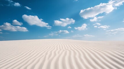 Naklejka premium Expansive sandy dune landscape under vibrant blue sky with soft clouds : Generative AI