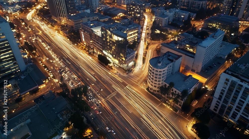 Poster busy urban intersection at night with light trails from fast moving vehicles creating a lively city 