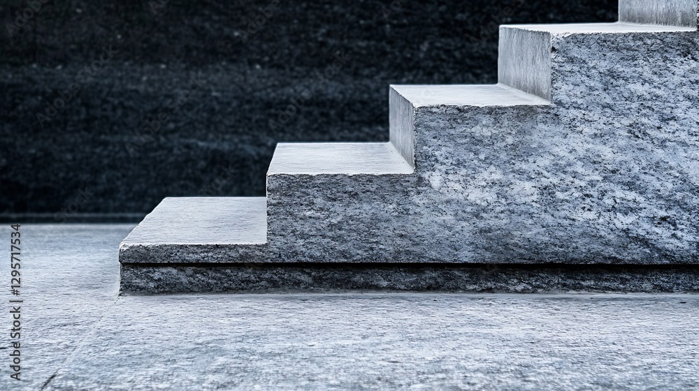 Poster closeup of elegant grey granite stairs leading to a solid dark surface in minimalistic style : gener