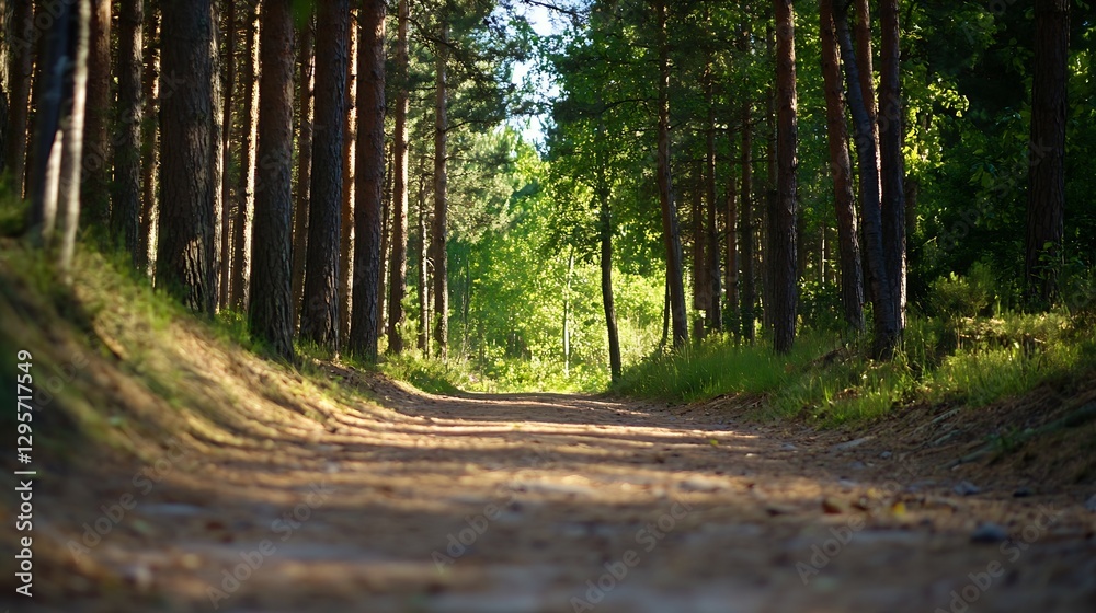 Poster serene forest pathway surrounded by lush greenery and tall pine trees perfect for nature retreats : 