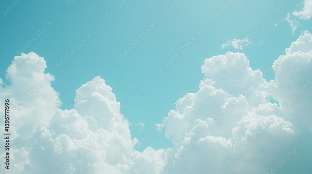 Poster soft, billowy clouds float in a clear blue sky, creating a peaceful atmosphere. the gentle sunlight 
