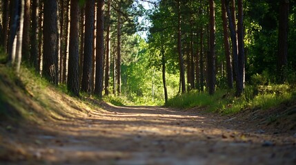 Fototapeta premium Serene Forest Pathway Surrounded by Lush Greenery and Tall Pine Trees Perfect for Nature Retreats : Generative AI