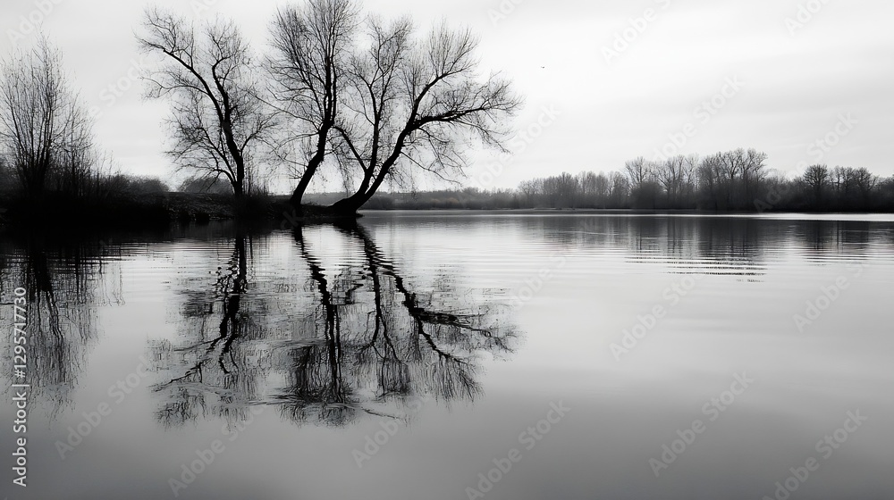 Poster serene black and white landscape with reflections on calm water and leafless trees : generative ai