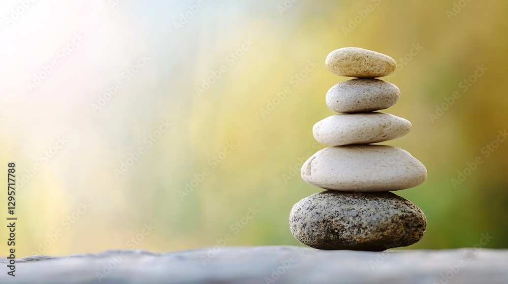 Poster balanced zen stones stacked on a soft background promoting serenity and calm : generative ai