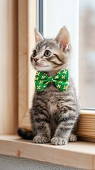 St.Patrick’s Day Apparel Animal, Adorable tabby kitten wearing a green bow tie, sitting by a window with a playful expression.