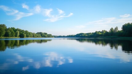 Obraz premium Calm river reflecting clear blue sky with fluffy clouds and lush green trees : Generative AI