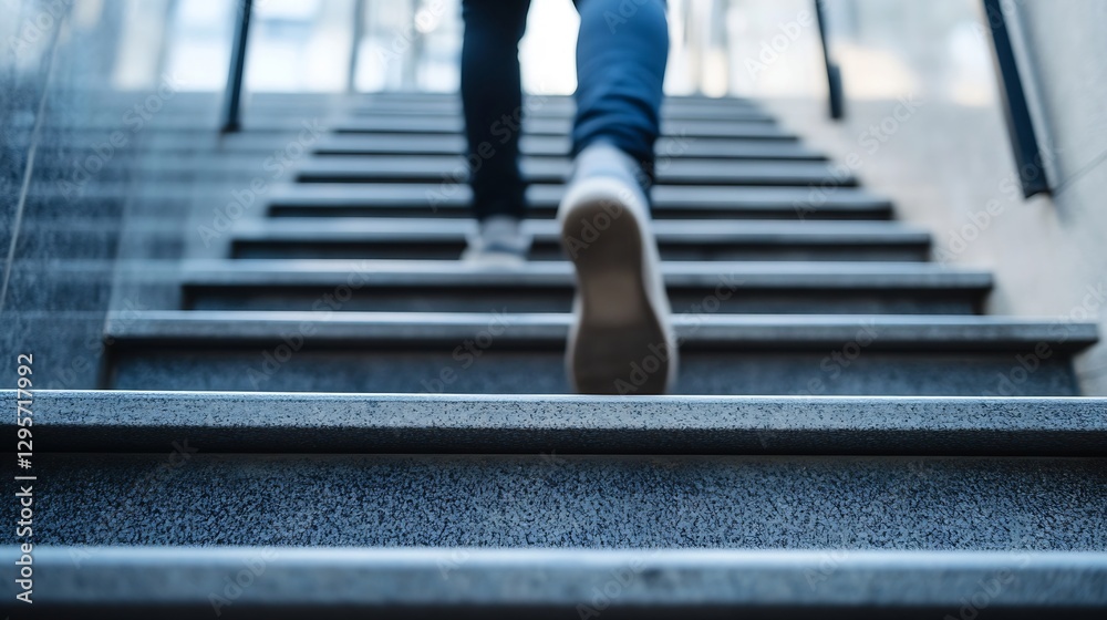 Poster Person Walking Up Stairs in a Modern Building Creating a Sense of Progression and Motivation : Generative AI