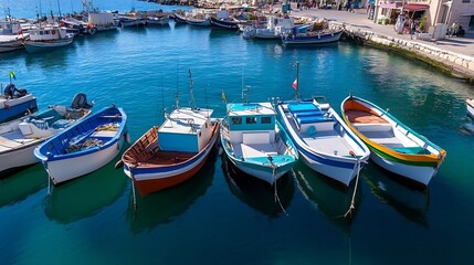 Fototapeta premium Colorful fishing boats docked along a serene harbor in bright sunlight : Generative AI