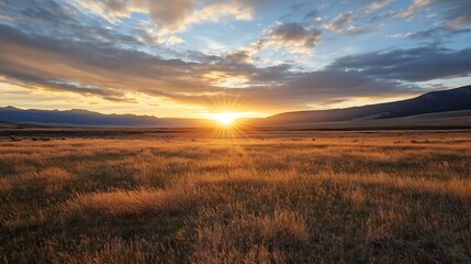 Fototapeta premium Breathtaking Sunset Over a Golden Meadow with Silhouetted Mountains in the Background : Generative AI