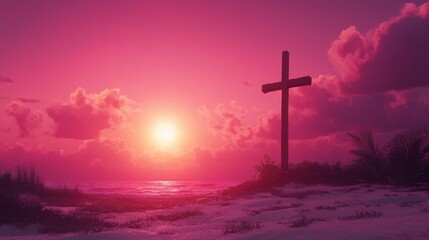 Obraz premium Silhouette of Christian cross against bright pink sky