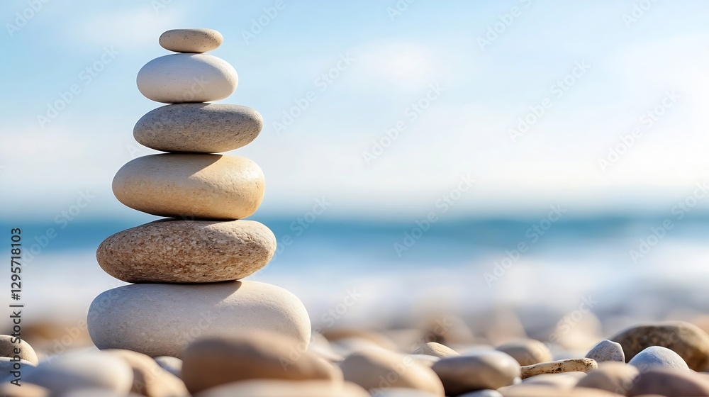 Poster layered pebble tower on a smooth beach representing tranquility and the essence of nature : generati
