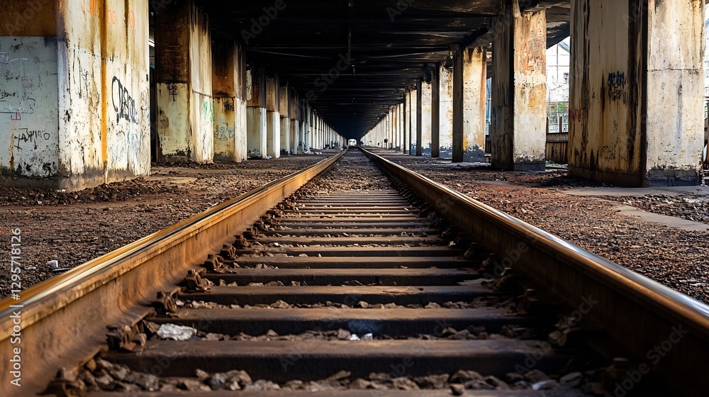 Poster underground railway tracks leading into a magnificent industrial building with rustic pillars : gene