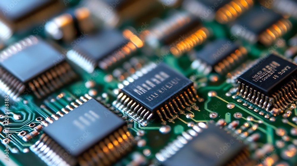 Poster Close-Up View of Circuit Board with Microchips and Connectors Highlighting Technology Innovation : Generative AI