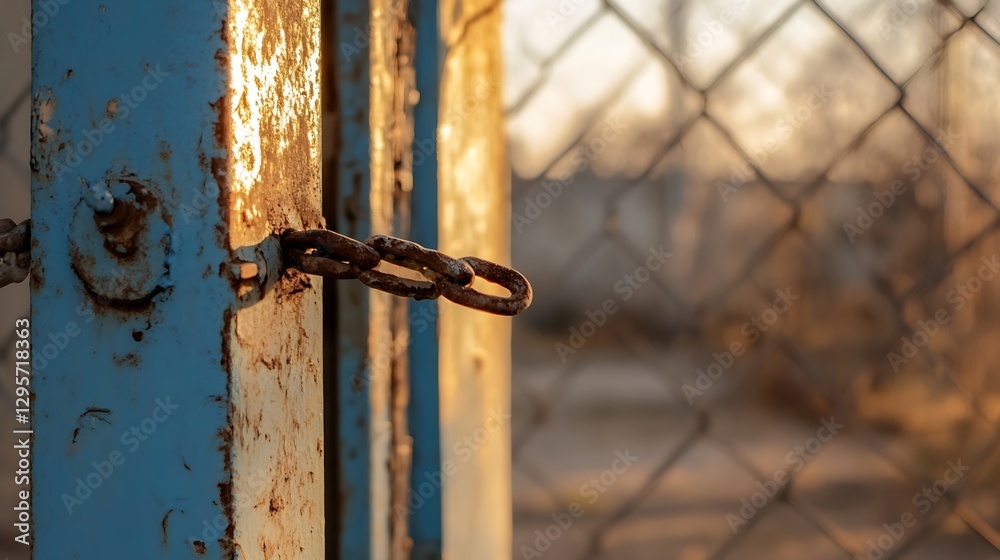 Aufkleber Rusty Chain Locking an Old Blue Gate with the Golden Sunlight in the Background : Generative AI