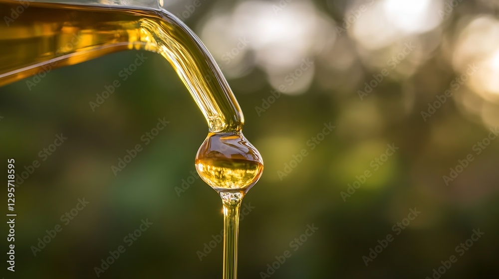 Aufkleber golden liquid olive oil dripping from a glass container with soft blurred background effect : genera