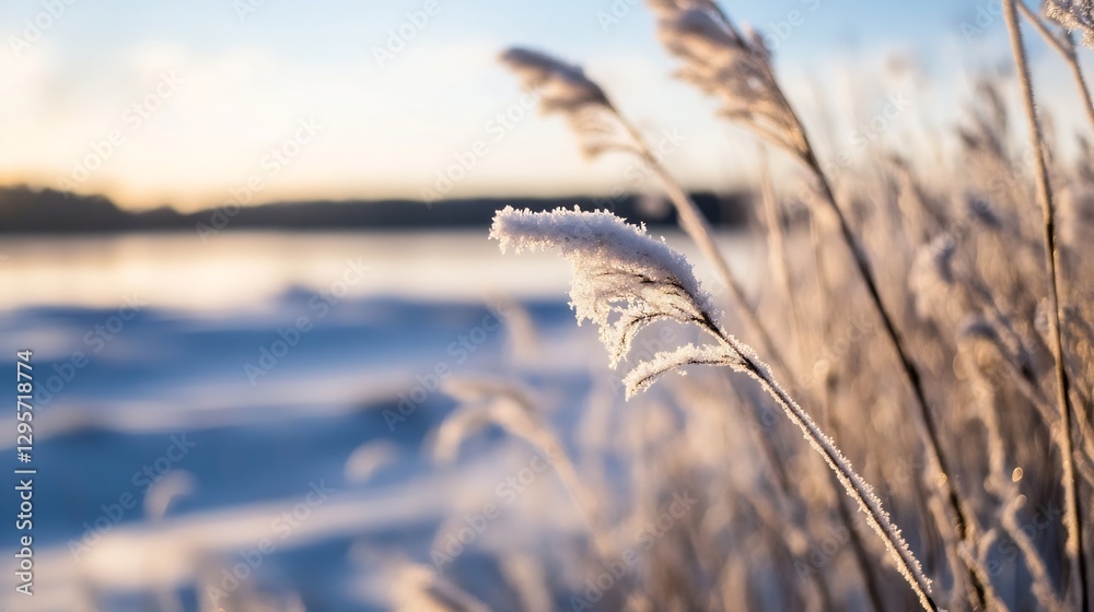 Aufkleber frosted grass swaying in the sunlight by a frozen lake during winter : generative ai
