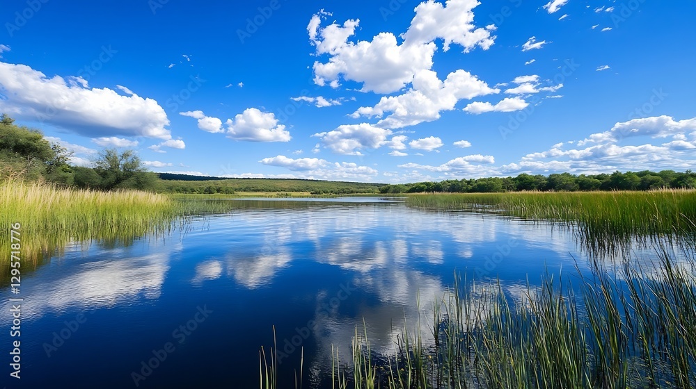 Poster vibrant landscape of a serene lake reflecting clouds and greenery under a bright sky : generative ai