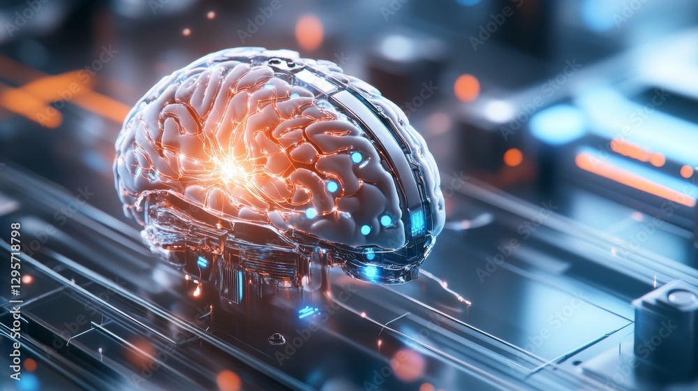 Poster exploring the intersection of human intelligence and artificial neural networks futuristic lab digit