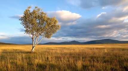Fototapeta premium Lone Birch Tree Stands in Wide Open Field Under Blue Sky : Generative AI