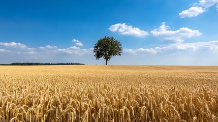 Naklejka premium Golden Wheat Field Under a Bright Blue Sky with a Solitary Tree : Generative AI