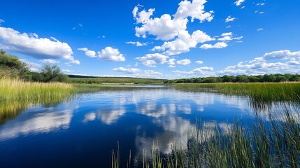Fototapeta premium Vibrant landscape of a serene lake reflecting clouds and greenery under a bright sky : Generative AI