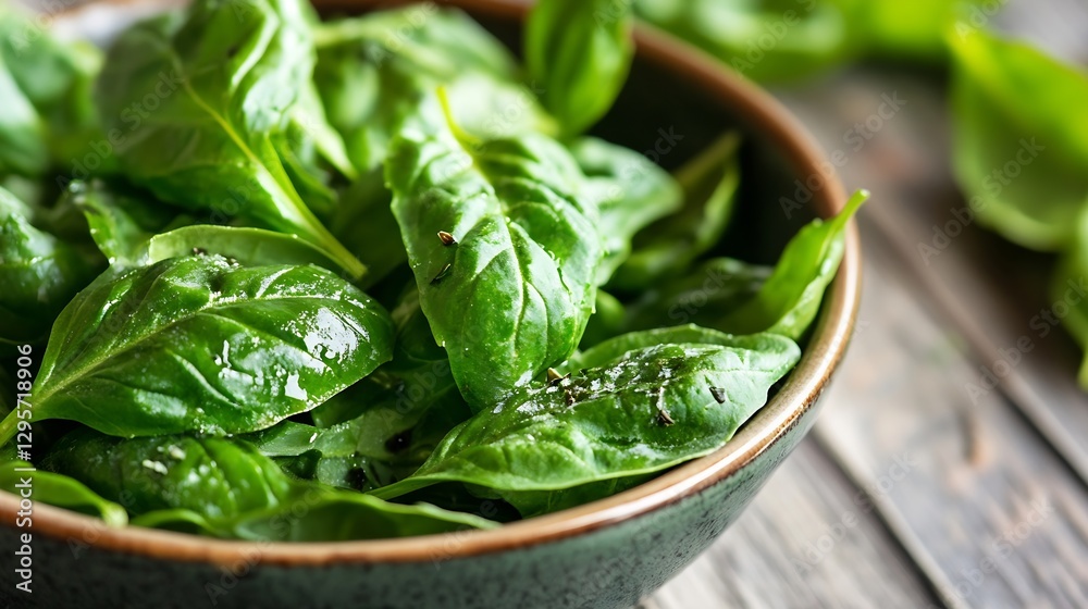Aufkleber fresh green basil leaves in bowl ready for culinary use : generative ai