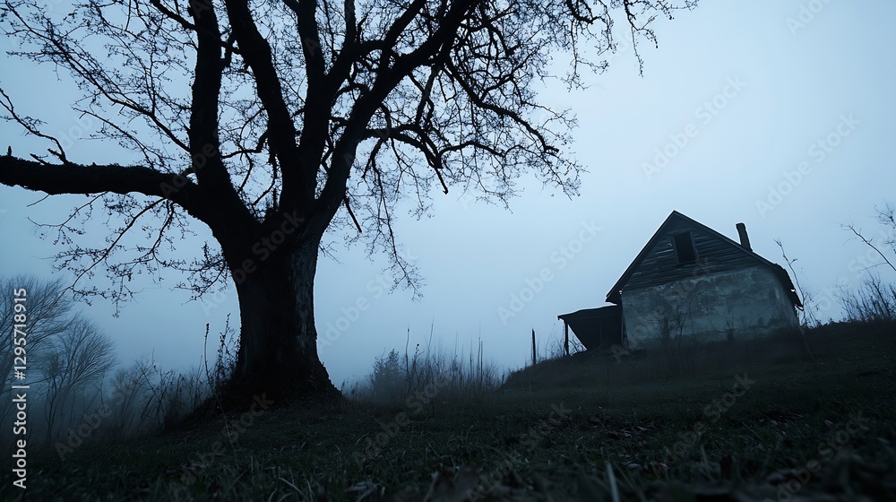 Poster foggy landscape with a lonely house and leafless tree at dusk : generative ai