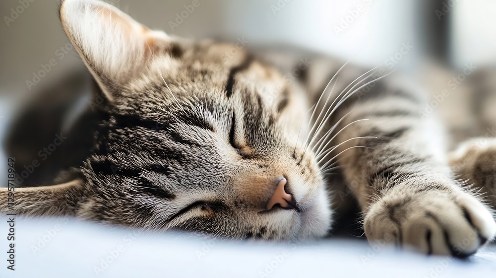 Poster adorable sleeping tabby cat resting peacefully on a soft surface under gentle light : generative ai