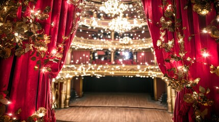 Elegant theater stage view with red curtains and sparkling lights, showcasing a grand performance area