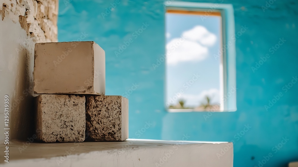 Aufkleber minimalist interior showing stack of building blocks with bright blue wall and window showcasing sim