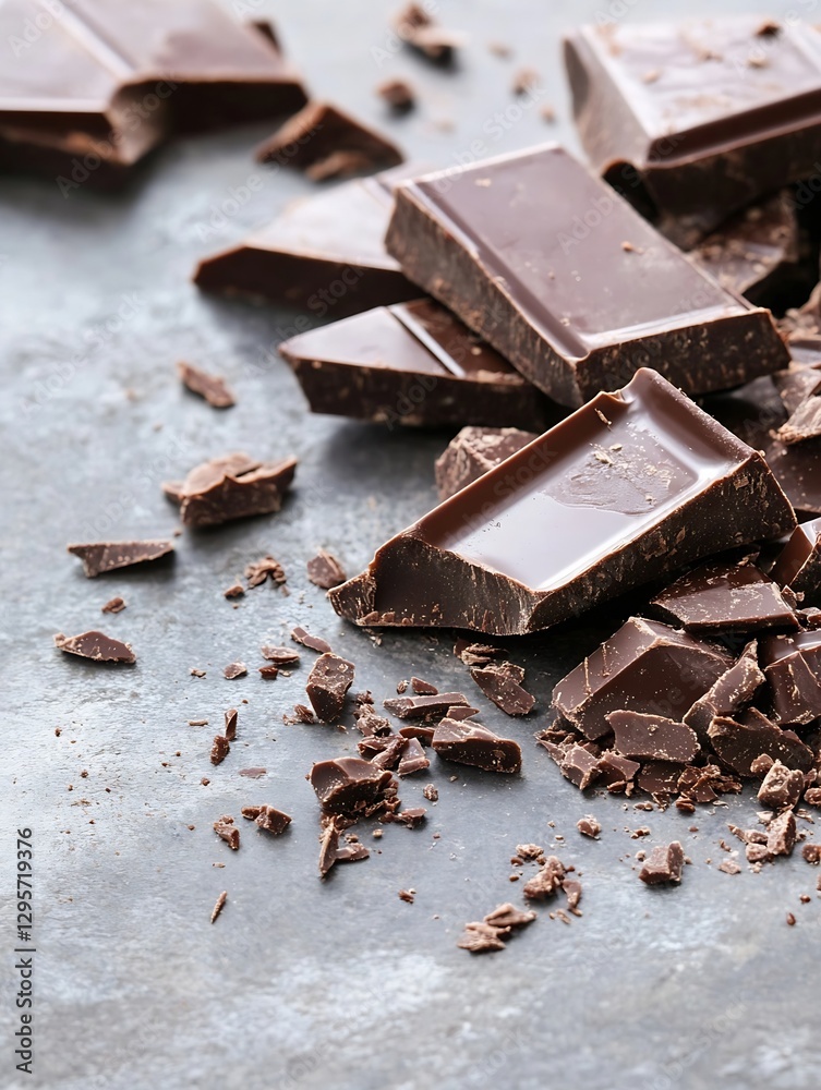 Poster closeup of rich dark chocolate bars crumbled against a textured background : generative ai