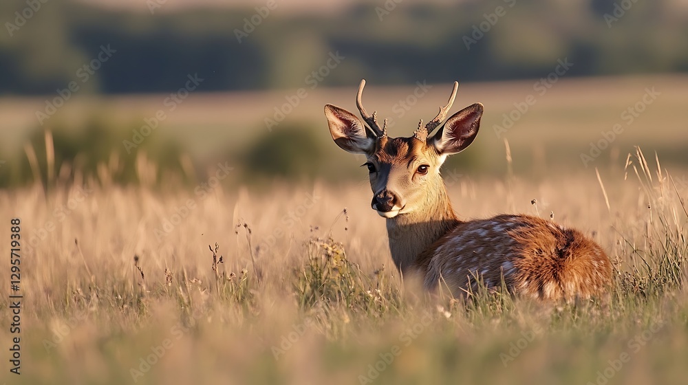 Poster young deer relaxing on a sunny afternoon in a meadow surrounded by greenery : generative ai