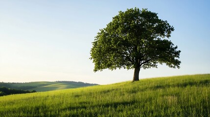 Obraz premium Lonely Green Tree on Rolling Hills Under Blue Sky in Fresh Landscape : Generative AI