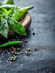 Vibrant green chili peppers and fresh basil on dark stone surface for spicy dishes : Generative AI