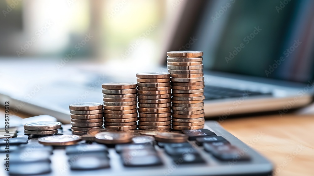 Aufkleber Stacks of coins on a calculator emphasizing financial growth and investment strategy with a laptop in the background : Generative AI