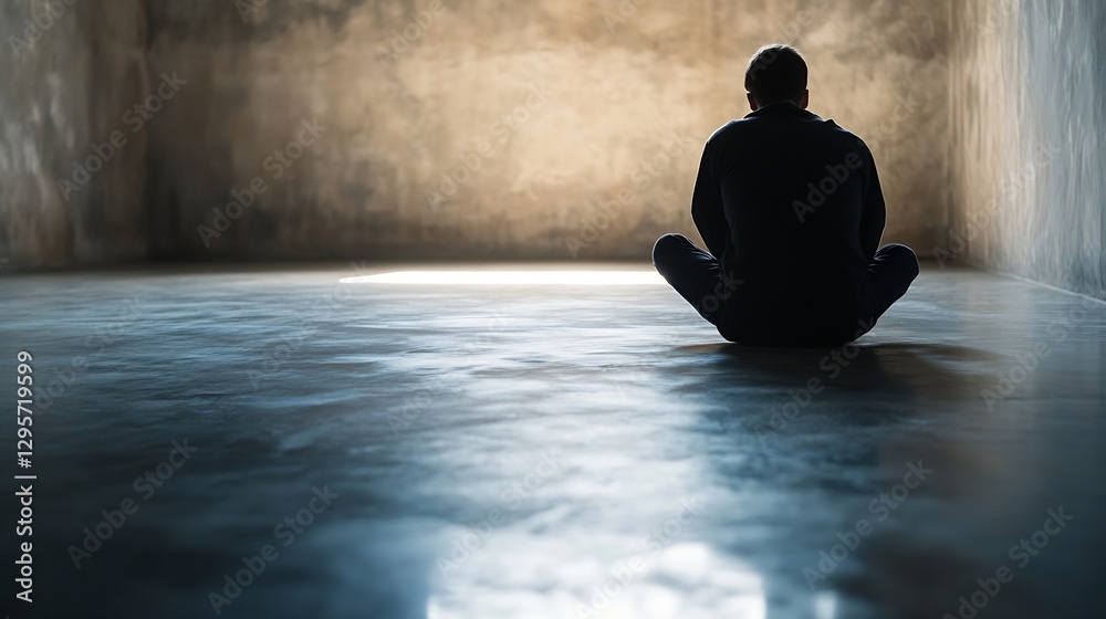Aufkleber Lonely figure seated on a polished floor in a minimalistic room creating a deep sense of solitude : Generative AI